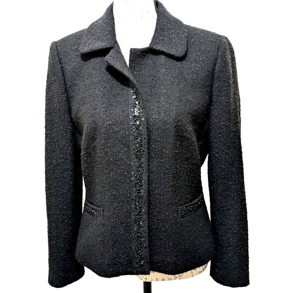 Ann Taylor Blazer 10  Black Wool Mohair Lyocell Nylon  Black Beads Texture  Nice